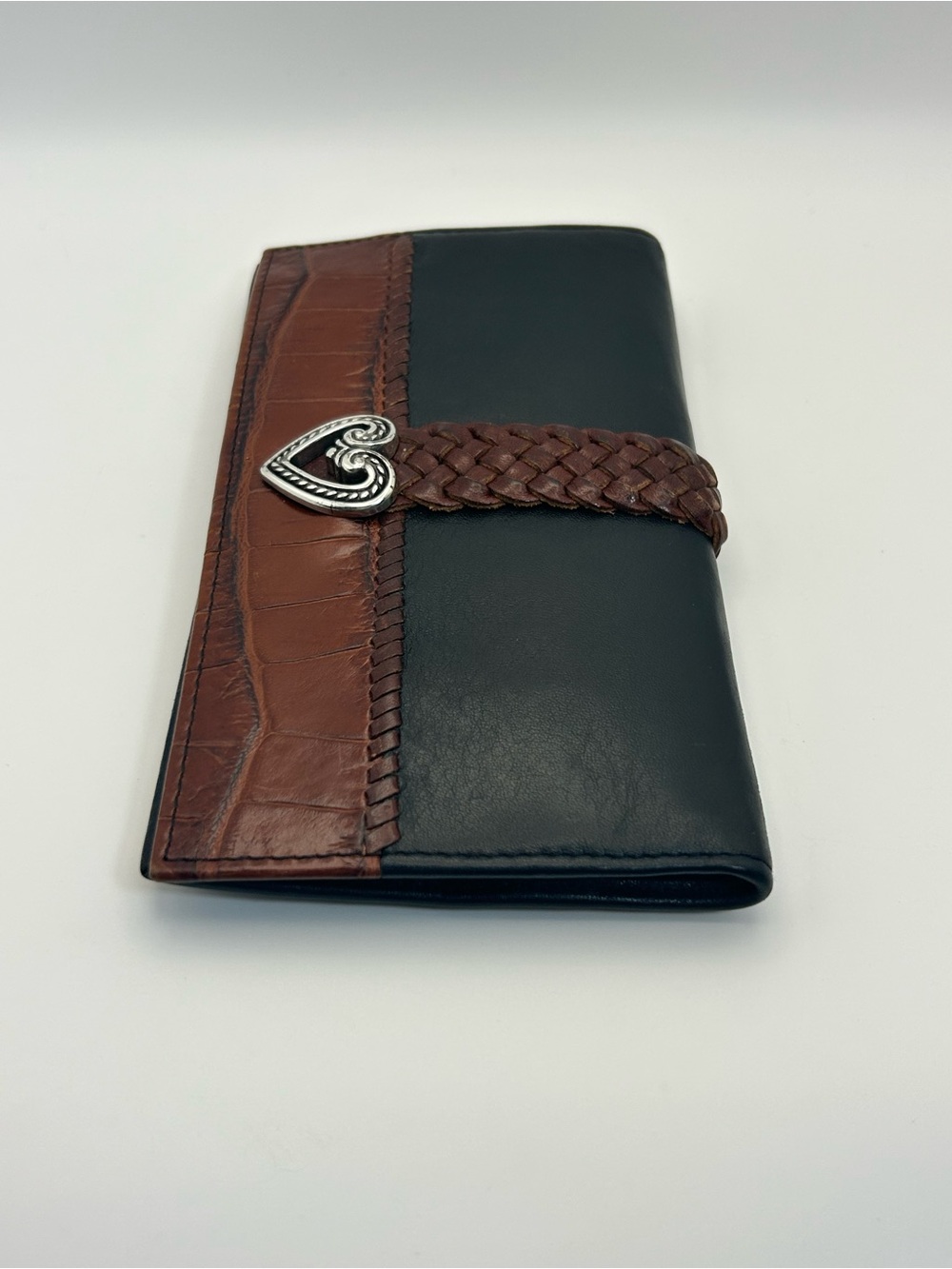 Brighton Two-tone Leather Braided Wallet Black Brown Silver Plated Heart Vintage - Picture 11 of 13
